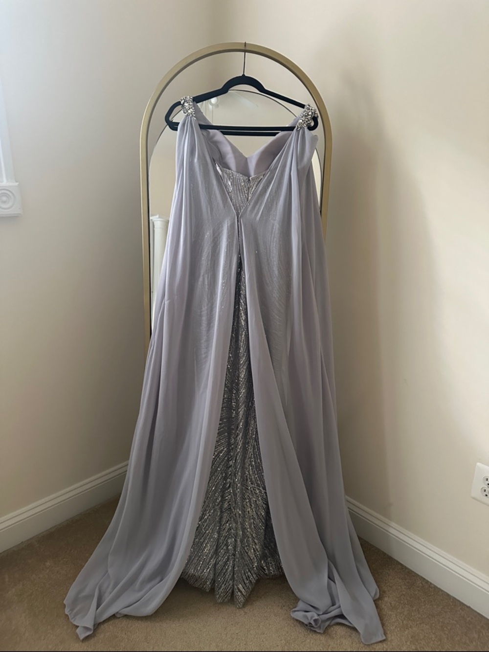 Portia and Scarlett Silver Sequined Gown with Lilac Chiffon Cape - Picture 4 of 8